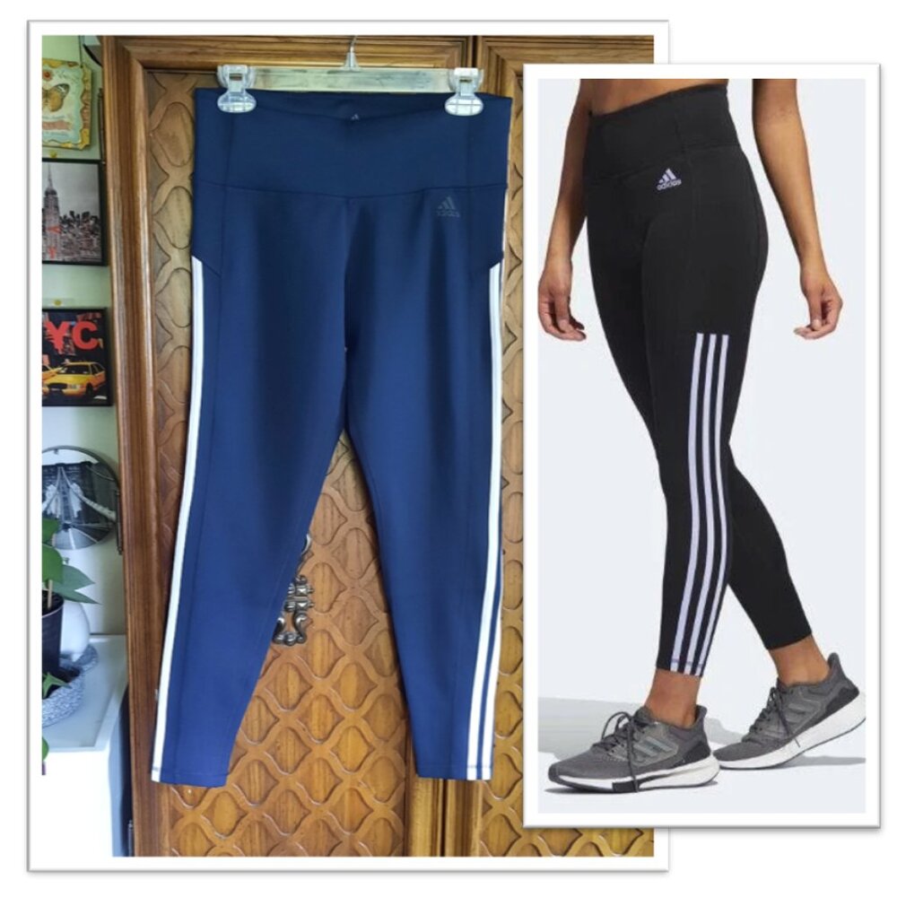 ADIDAS CLIMALITE 3-Stripes Cropped Tights - Navy/ White Stripes, Size M
